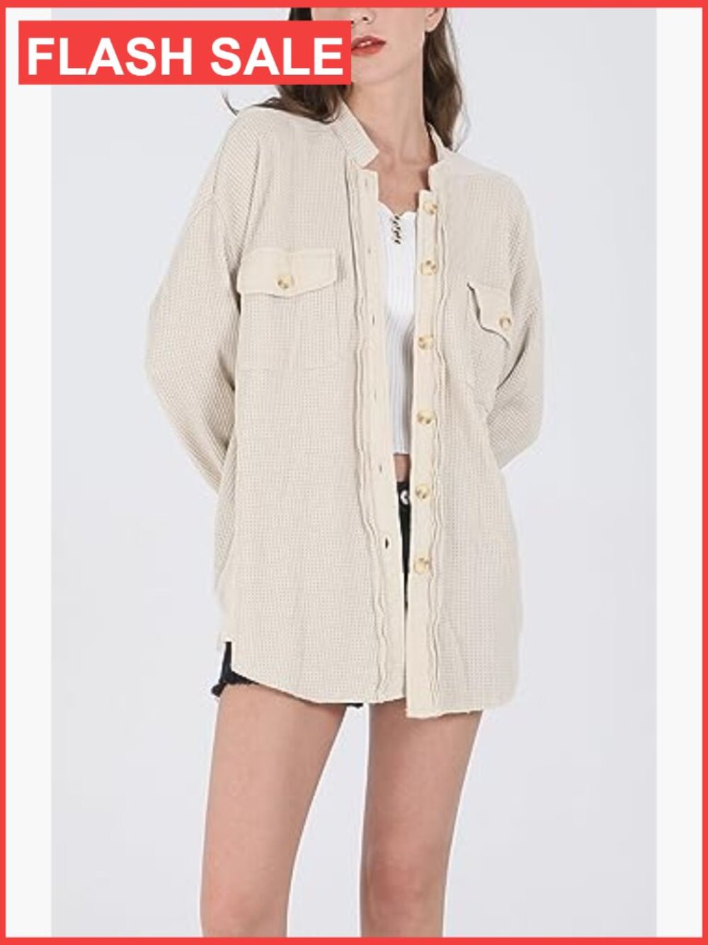 Waffle Knit Button Down Shacket Loose Fit Batwing Sleeve - Picture 3 of 6
